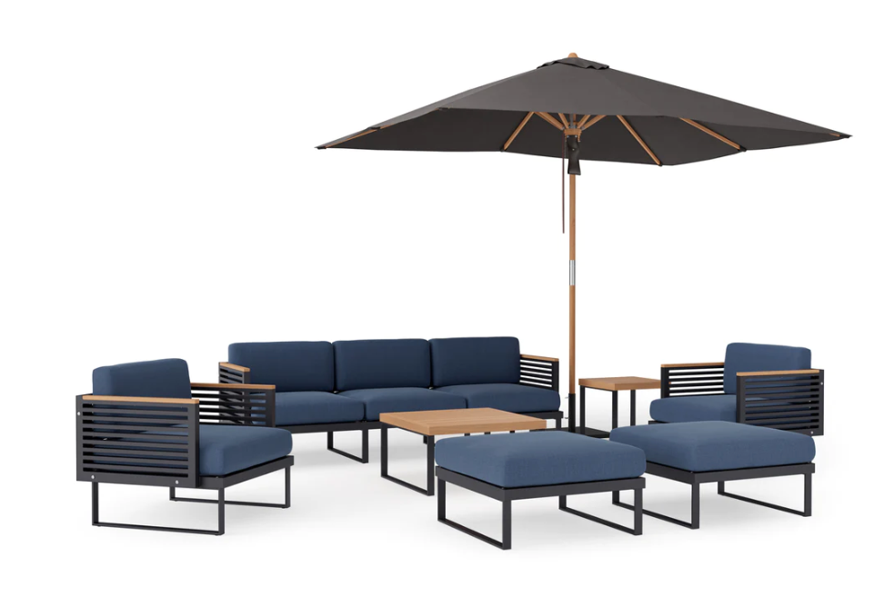 Monterey 8 Piece Chat Set with wide Sofa and Umbrella Outdoor Sofas New Age Spectrum Indigo Aluminum 