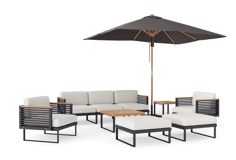 Monterey 8 Piece Chat Set with wide Sofa and Umbrella Outdoor Sofas New Age Canvas Natural Aluminum 