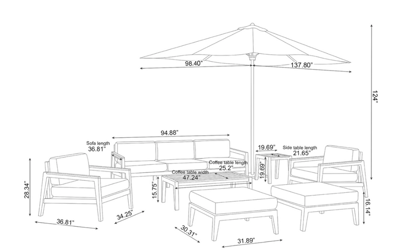 Rhodes 8 Piece Chat Set with 3-Seater Sofa and Umbrella Outdoor Sofas New Age   