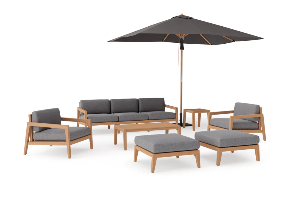 Rhodes 8 Piece Chat Set with 3-Seater Sofa and Umbrella Outdoor Sofas New Age Cast Slate Teak 