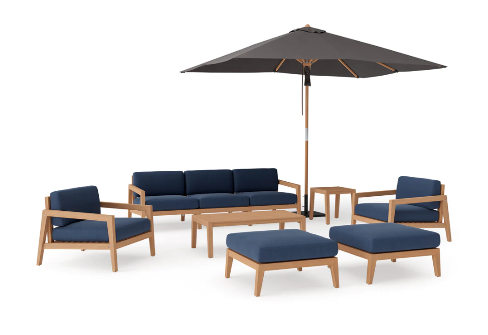 Rhodes 8 Piece Chat Set with 3-Seater Sofa and Umbrella Outdoor Sofas New Age Spectrum Indigo Teak 