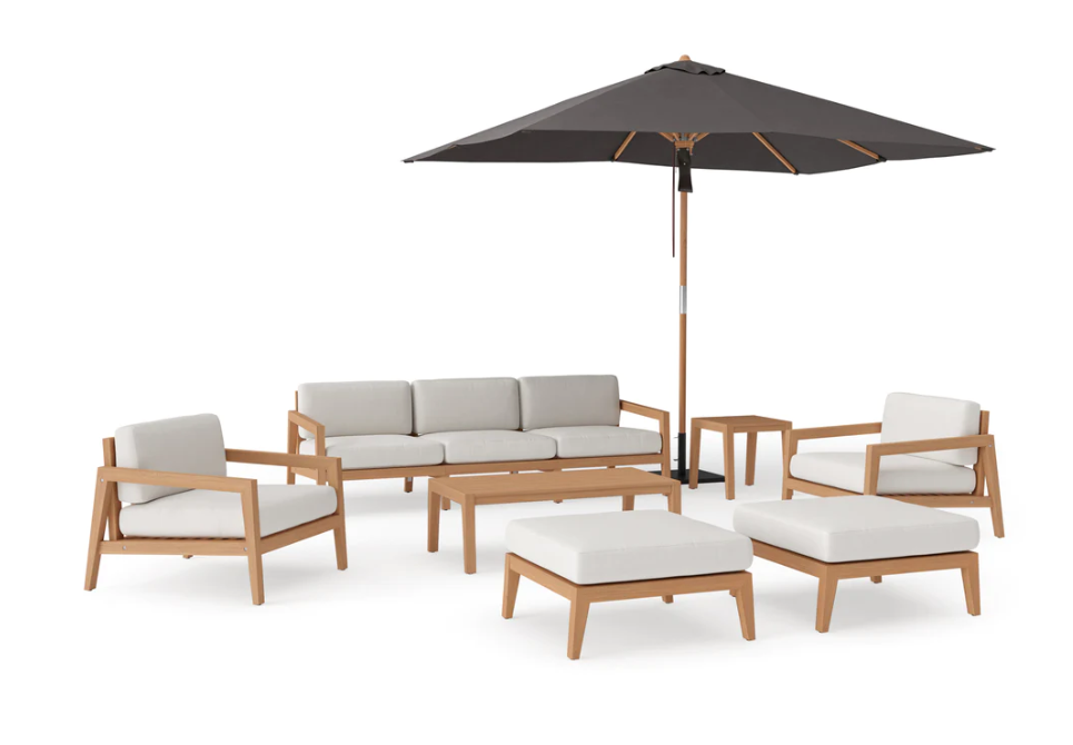Rhodes 8 Piece Chat Set with 3-Seater Sofa and Umbrella Outdoor Sofas New Age Canvas Natural Teak 