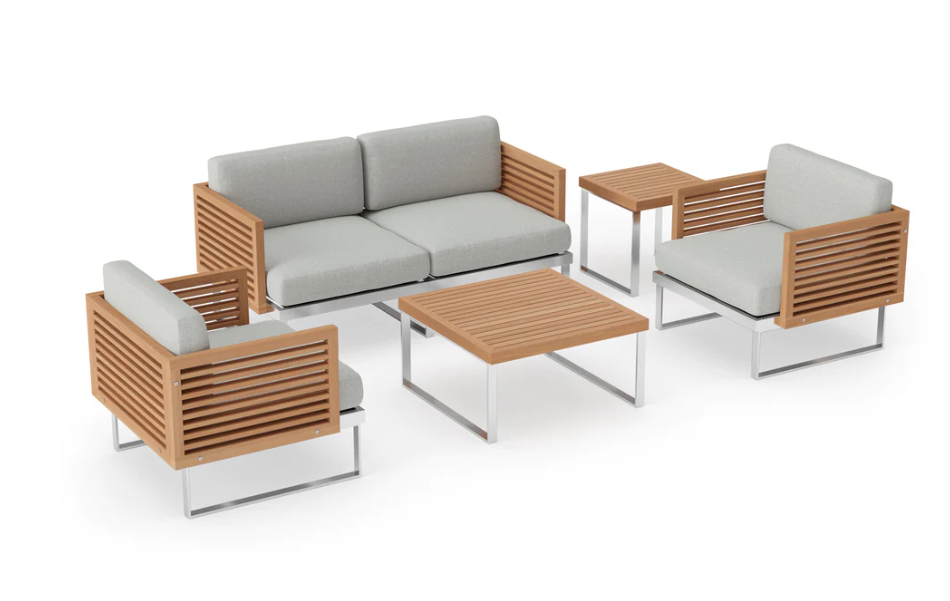Monterey 4 Seater Chat Set with Coffee Table and Side Table Outdoor Sofas New Age Cast Silver Stainless Steel Teak 