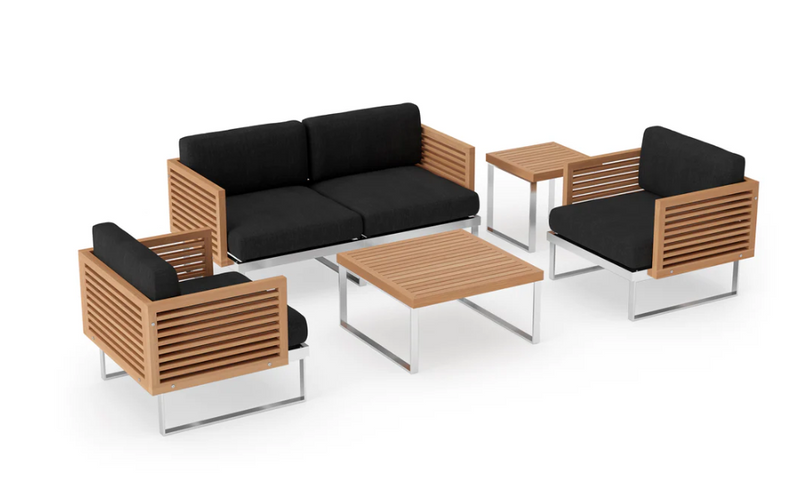 Monterey 4 Seater Chat Set with Coffee Table and Side Table Outdoor Sofas New Age Loft Charcoal Stainless Steel Teak 
