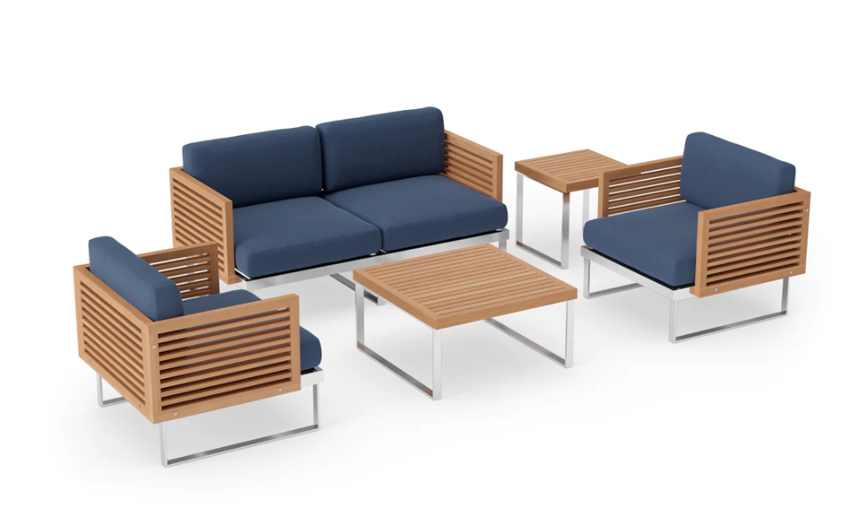 Monterey 4 Seater Chat Set with Coffee Table and Side Table Outdoor Sofas New Age Spectrum Indigo Stainless Steel Teak 