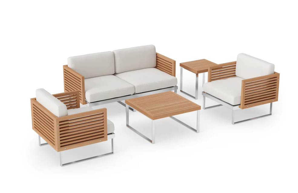 Monterey 4 Seater Chat Set with Coffee Table and Side Table Outdoor Sofas New Age Canvas Natural Stainless Steel Teak 