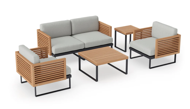 Monterey 4 Seater Chat Set with Coffee Table and Side Table Outdoor Sofas New Age Cast Silver Aluminum Teak 