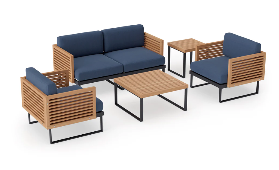 Monterey 4 Seater Chat Set with Coffee Table and Side Table Outdoor Sofas New Age Spectrum Indigo Aluminum Teak 