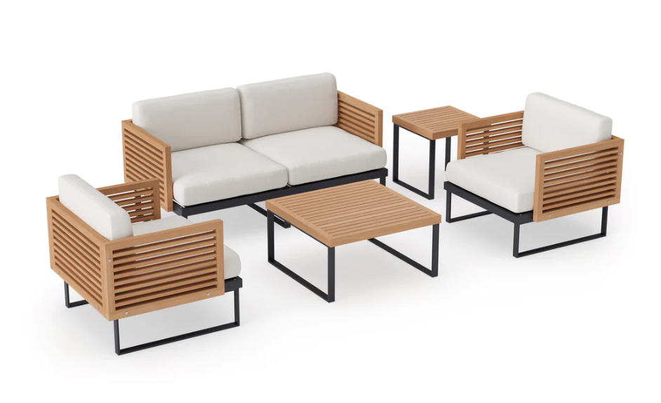 Monterey 4 Seater Chat Set with Coffee Table and Side Table Outdoor Sofas New Age Canvas Natural Aluminum Teak 