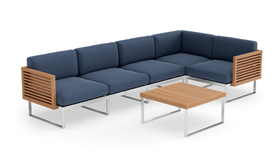 Monterey 5 Seater Sectional with Coffee Table Outdoor Sofas New Age Spectrum Indigo Stainless Steel Teak 