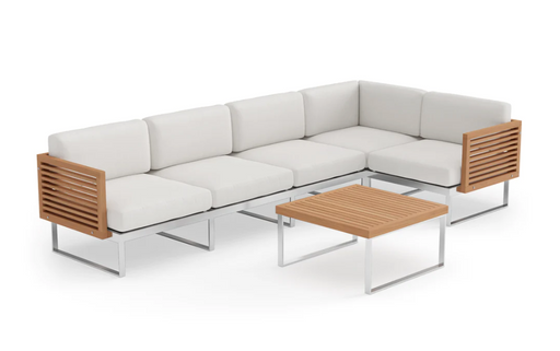 Monterey 5 Seater Sectional with Coffee Table Outdoor Sofas New Age Canvas Natural Stainless Steel Teak 