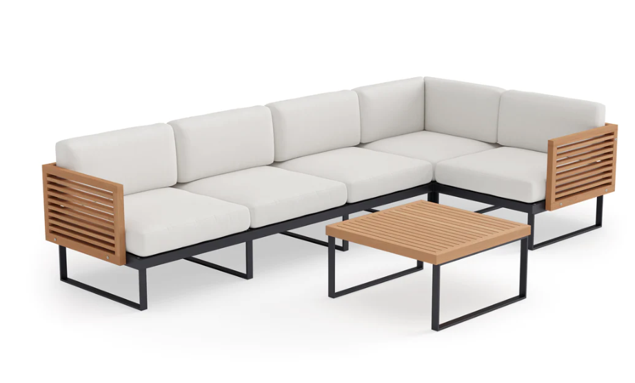 Monterey 5 Seater Sectional with Coffee Table Outdoor Sofas New Age Canvas Natural Aluminum Teak 