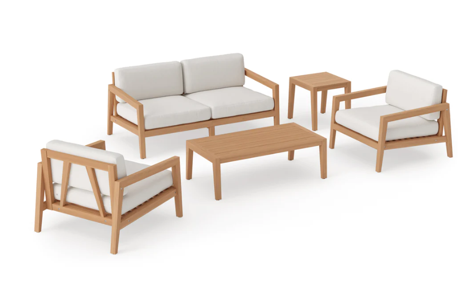 Rhodes 4 Seater Chat Set with Coffee Table & Side Table Outdoor Sofas New Age Canvas Natural Teak 