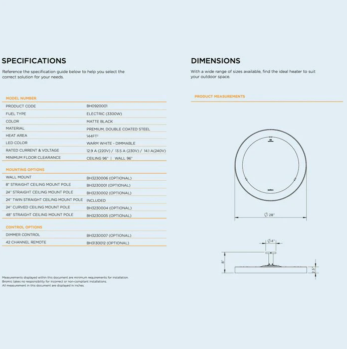 Bromic Eclipse Smart-Heat Electric Pendant Heater, Twin Pole, 3300W- BH0920001 Patio Heater Covers CG Products   
