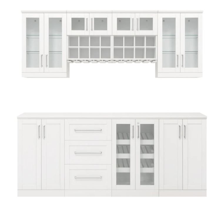 Home Bar 8 Piece Back splash Wine & Draws Cabinet Set + Counter top furniture New Age White  