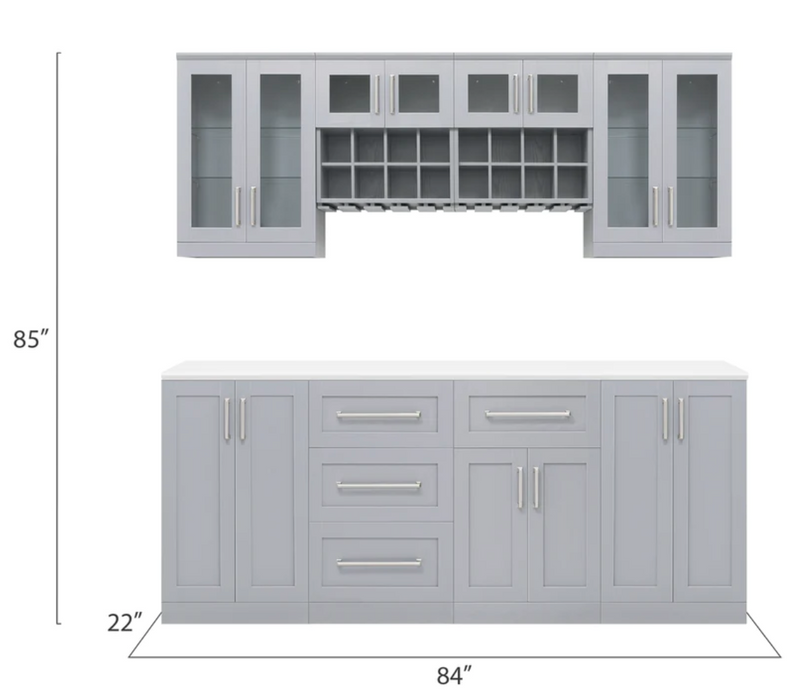 Home Bar 8 Piece Back splash MX Storage Cabinet Set + Counter top furniture New Age Gray  