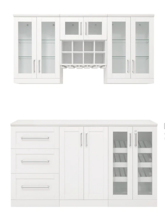 Home Bar 6 Piece Cabinet Back splash Set + Counter top furniture New Age White  