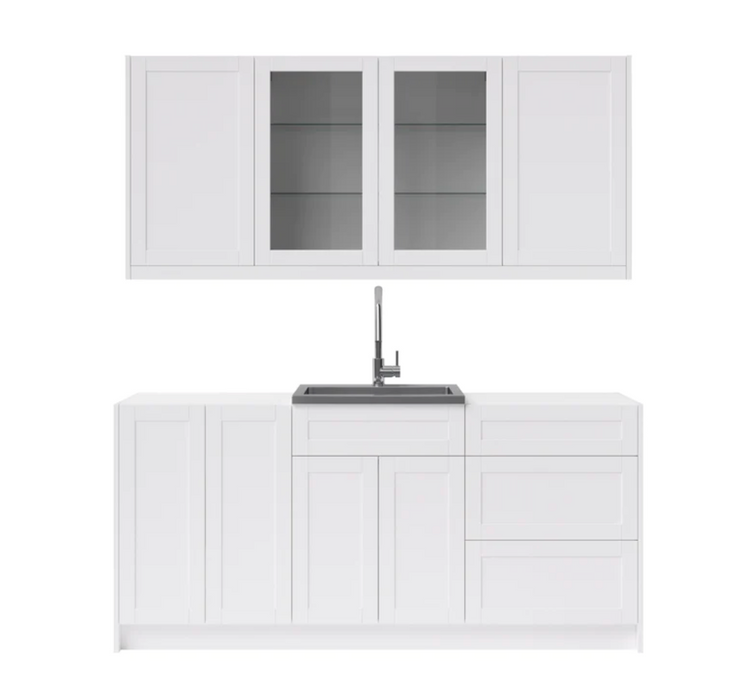 NewAge Products 21 Home Bar Series 12 Piece Set, Wet Bar Cabinets with Sink and Stemware Shelf - White - Granite Top