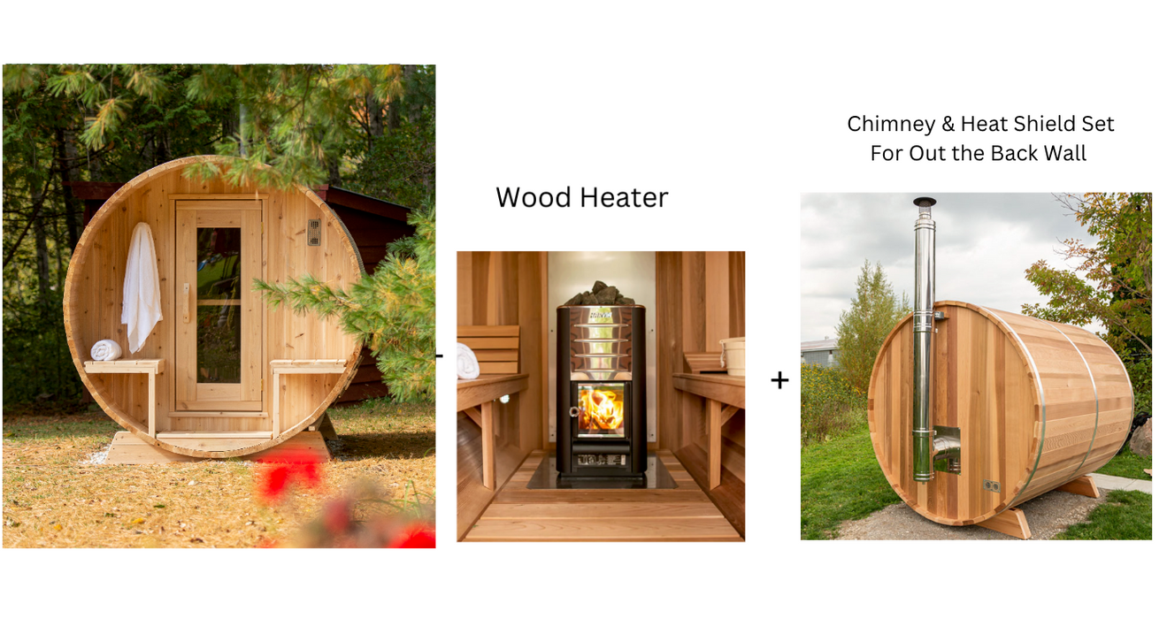 Dundalk Canadian Timber White Cedar Serenity Outdoor Sauna | 2-4 People | Wood or Electric Heater  Dundalk Leisurecraft Dundalk Canadian Timber White Cedar Serenity Outdoor Sauna +Harvia M3 Wood Burning Heater with Rocks + Chimney & Heat Shield Set For Out the Back Wall  