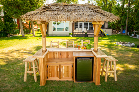 Dundalk Tropical Paradise Tiki Bar + 5 Stools outdoor funiture Dundalk Leisurecraft 2 Door Cabinet & Fridge Opening (+$699) Palm Thatch Roof (+$1119) 