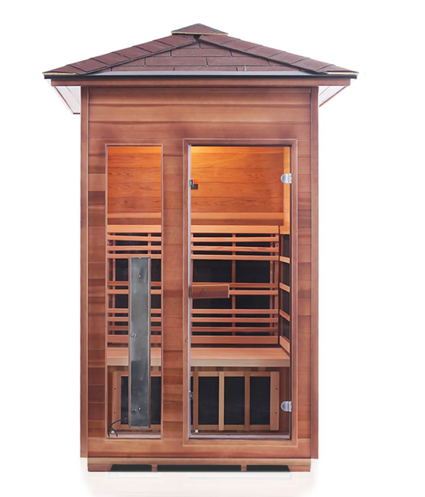 Enlighten Rustic - 2 Person Indoor/Outdoor Infrared Sauna sauna Enlighten Saunas Outdoor Peak Roof  