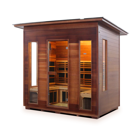 Enlighten Rustic - 5 Person Indoor/Outdoor Infrared Sauna sauna Enlighten Saunas Outdoor Slope Roof  