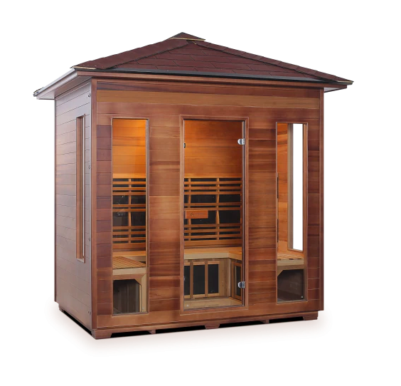 Enlighten Rustic - 5 Person Indoor/Outdoor Infrared Sauna sauna Enlighten Saunas Outdoor Peak Roof  
