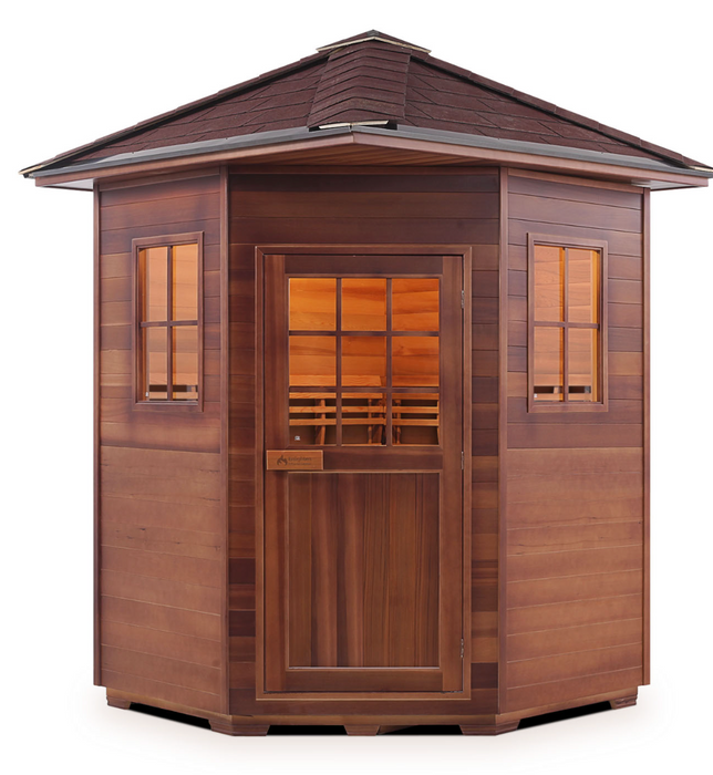 Enlighten MoonLight 4C | 4 Person Dry Traditional Sauna - Corner Indoor/Outdoor sauna Enlighten Saunas Outdoor Peak Roof  