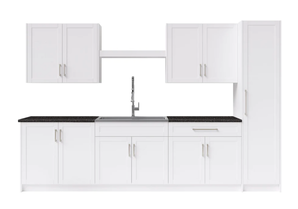 Home Laundry Room 11 Piece Cabinet Set with Granite Countertops Centered Shelf, Sink and Faucet Cabinets & Storage New Age White  