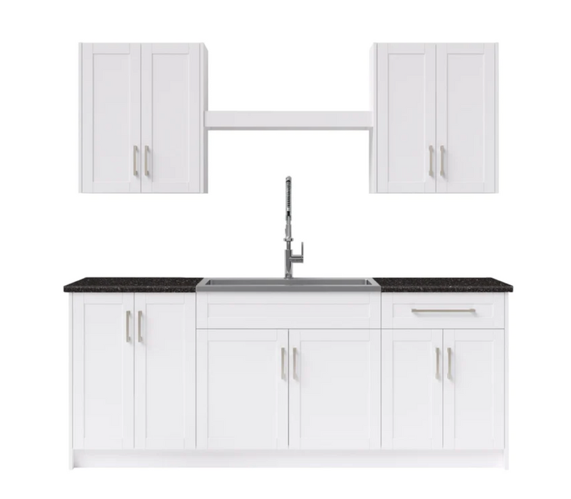 Home Laundry Room 10 Piece Cabinet Set with Granite Countertops, Centered Shelf and Sink Cabinets & Storage New Age White  