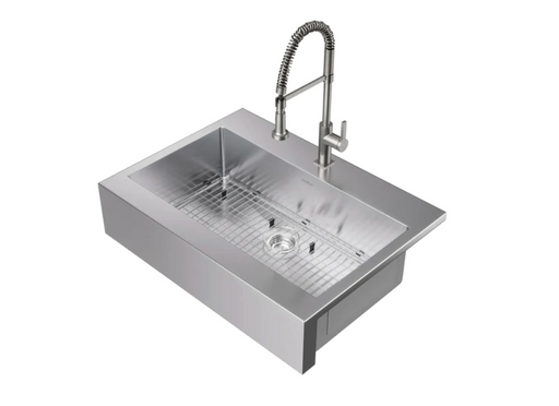 36 in. Farmhouse Sink with Coiled Pull Down Faucet Cabinets & Storage New Age Brushed Nickel  
