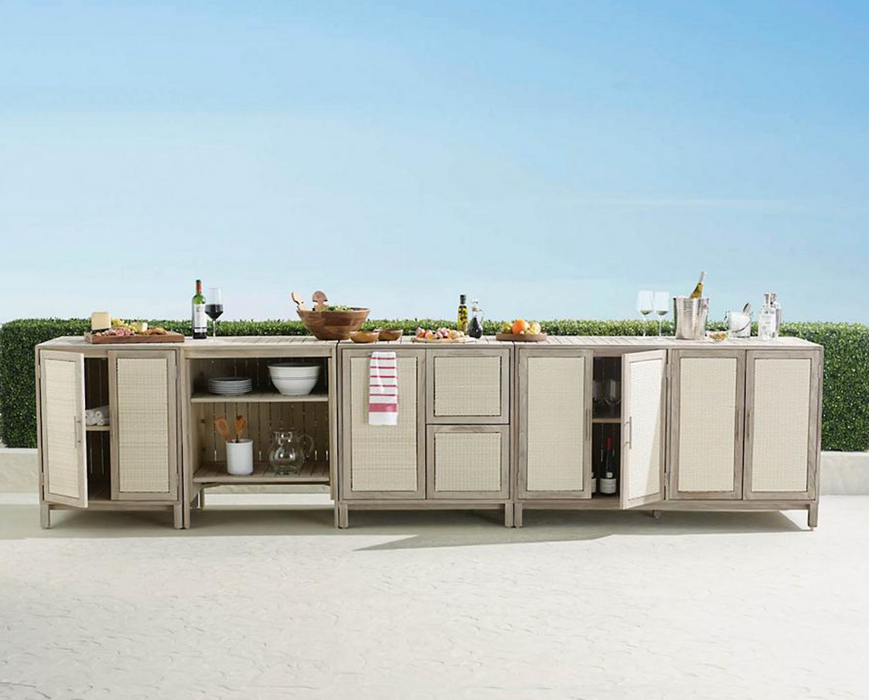 Isola Cabinet with Three Drawers Weathered Teak Outdoor kitchens FrontGate   