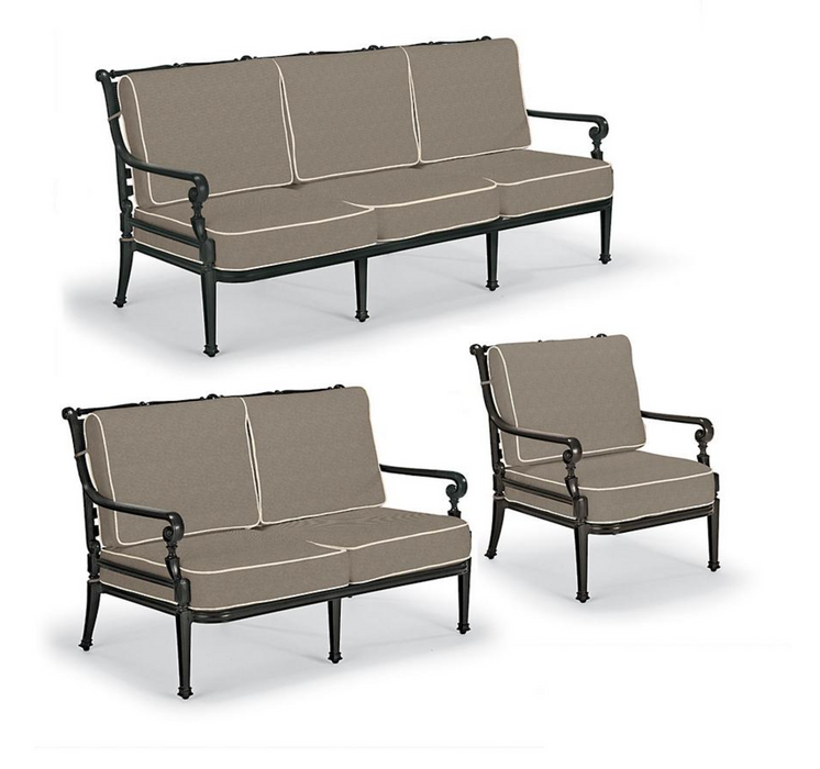 Carlisle 3-pc. Sofa Set in Onyx Finish outdoor seating Frontgate Rumor Slate with Rumor Vanilla Piping Sofa Set with Lounge Chair 