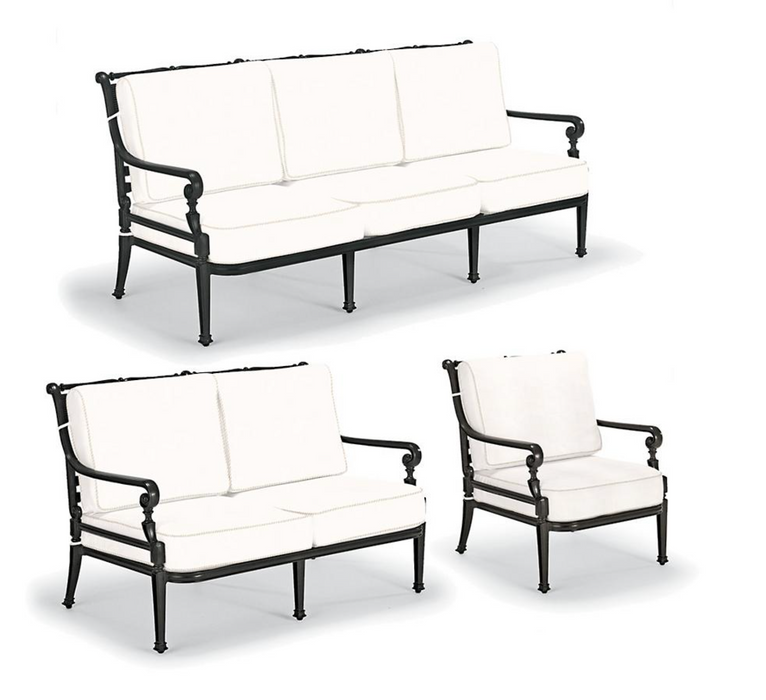 Carlisle 3-pc. Sofa Set in Onyx Finish outdoor seating Frontgate Rumor Snow with Logic Bone Piping Sofa Set with Lounge Chair 