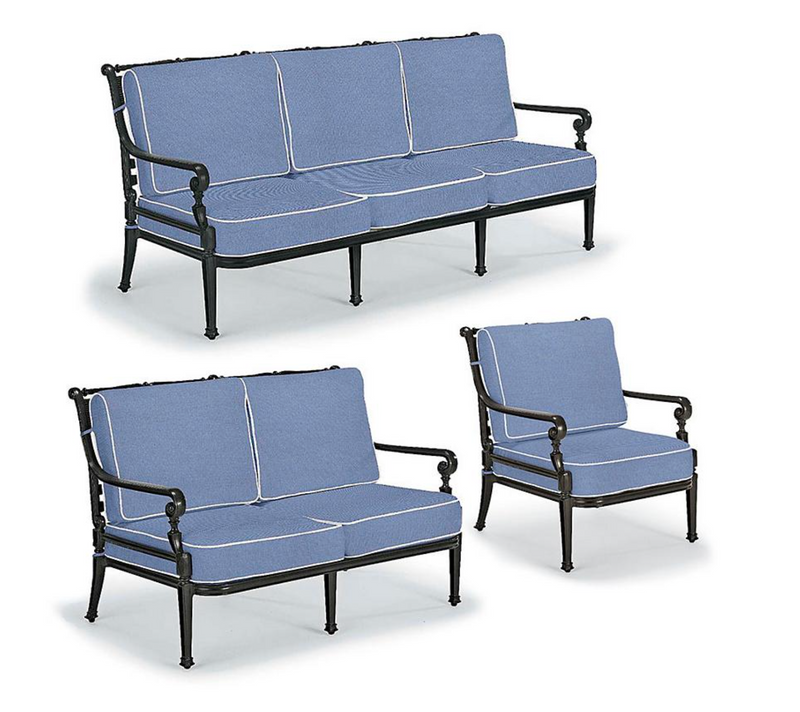 Carlisle 3-pc. Sofa Set in Onyx Finish outdoor seating Frontgate Sailcloth Cobalt with Natural Piping Sofa Set with Lounge Chair 
