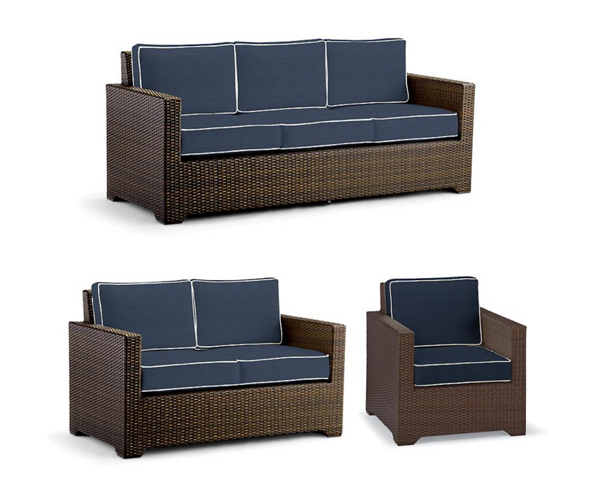 Small Palermo 3-pc. Sofa Set in Bronze Finish outdoor seating Frontgate Indigo with Canvas piping  