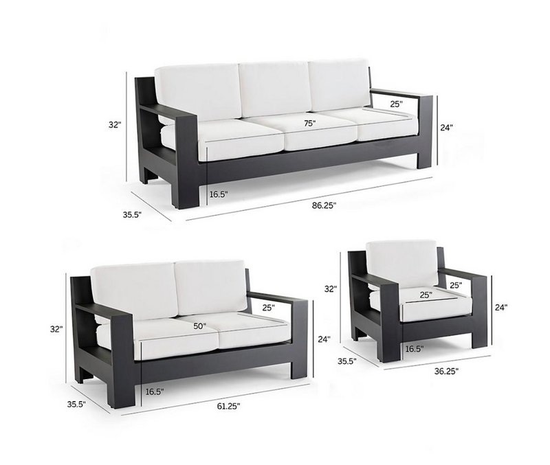 St. Kitts 3-pc. Sofa Set in Matte Black Aluminum
