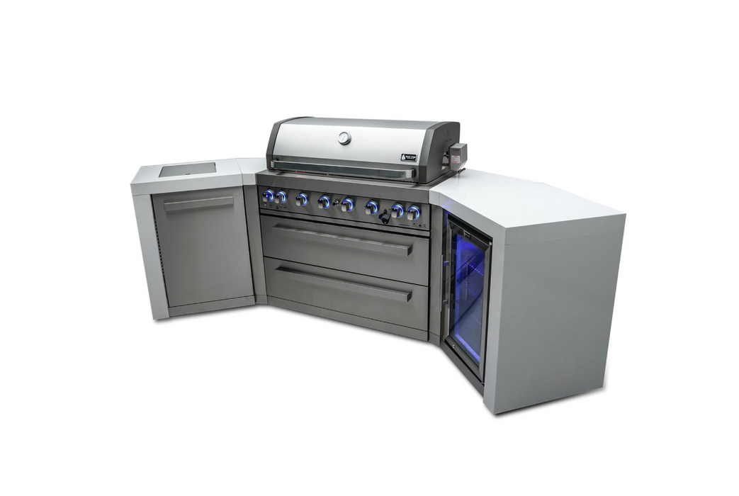 Mont Alpi 6-burner Deluxe Island with 45-Degree Corners and a Fridge Cabinet MAi805-D45FC 110''