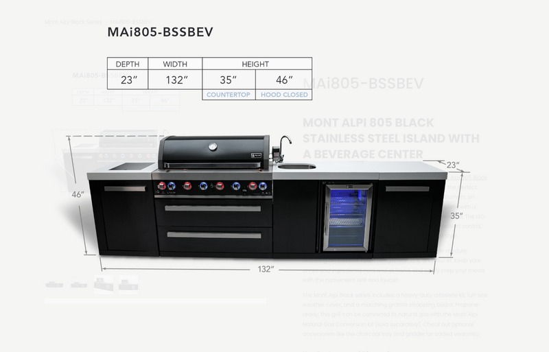 Mont Alpi 805 Black Stainless Steel Island with Beverage Center MAi805-BSSBEV - 132''