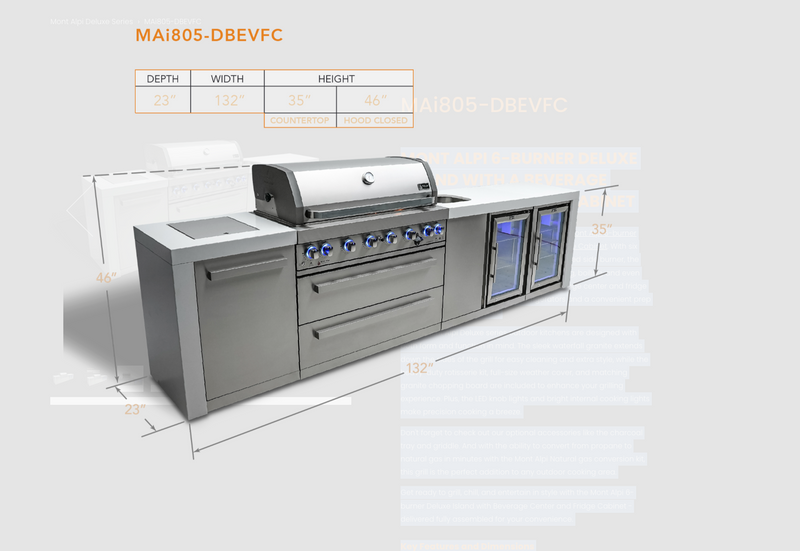 Mont Alpi 6-burner Deluxe Island with a Beverage Center And Fridge Cabinet MAi805-DBEVFC 132''