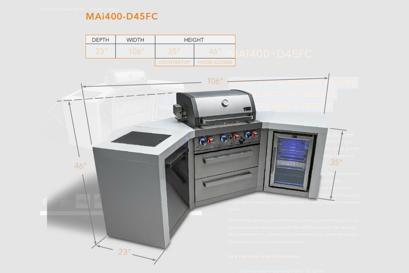 Mont Alpi 4-burner Deluxe Island with 45-Degree Corners and a Fridge Cabinet MAi400-D45FC - 106''