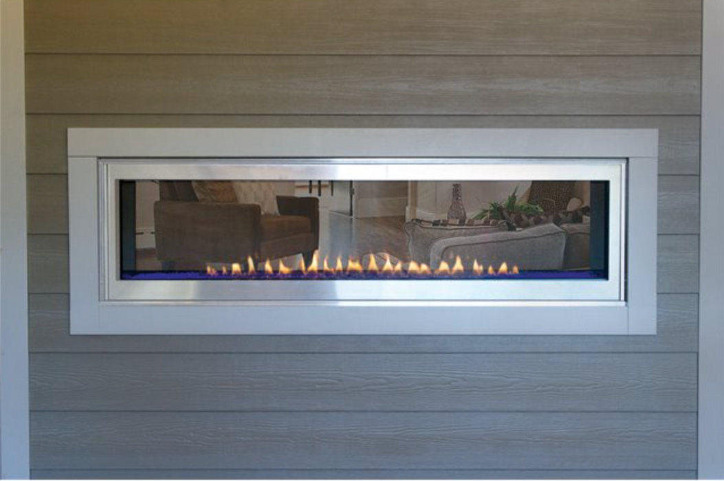 60" Boulevard Linear See-Through Vent-Free Natural Gas Fireplace with Programmable LED Lighting under Burner.