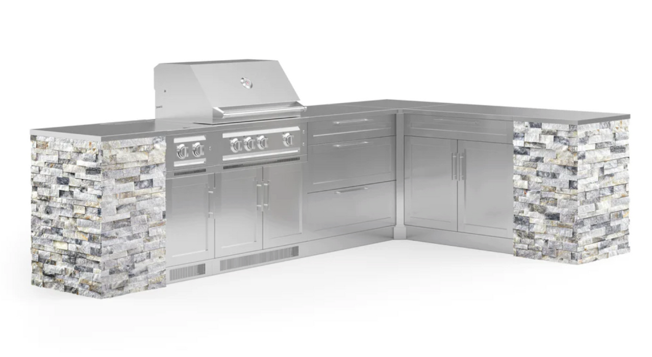 Outdoor Kitchen Signature Series 11 Piece L Shape Cabinet Set with Side Burner & 33'' Grill BBQ GRILL New Age Outdoor Kitchen Signature Series 11 Piece L Shape Cabinet Set with Side Burner - White Crystal Marble Outdoor Kitchen Signature Series 11 Piece L Shape Cabinet Set with Side Burner - LPG 