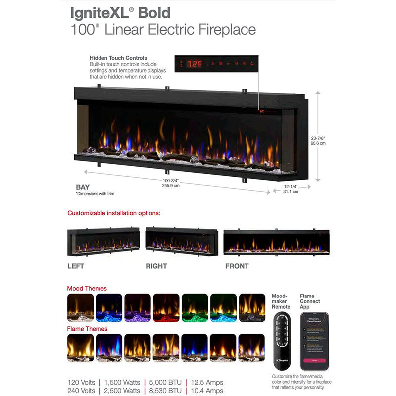Dimplex XLF10017-XD IgniteXL Bold Deep Built-In Linear Electric Fireplace, 100-Inch