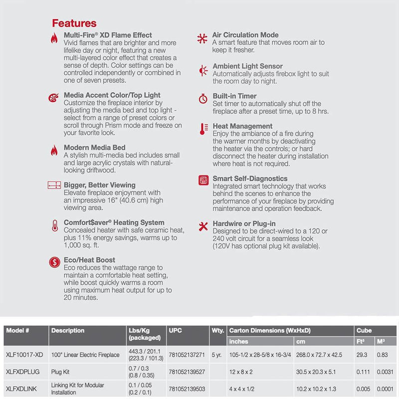 Dimplex XLF10017-XD IgniteXL Bold Deep Built-In Linear Electric Fireplace, 100-Inch